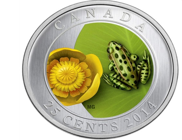 Pièce colorée canadienne de 25 cents nénuphar et grenouille léopard 2014