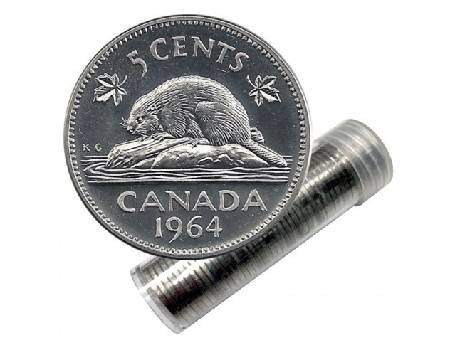 1964 Rouleau de pièces de monnaie canadiennes en nickel castor de 5 cents en tube -40 pièces BU