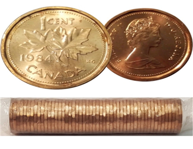 1984 Rouleau de pièces de monnaie canadienne de 1 cent en forme de feuille d'érable - 50 pièces BU