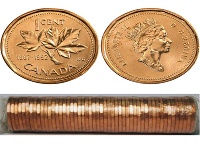 1992 Kanadische 1-Cent Maple Leaf Twig Penny Münzrolle – 50 Münzen BU