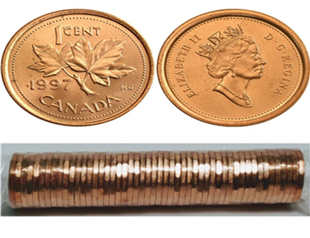 1997 Rouleau de pièces de monnaie en forme de brindille de feuille d'érable canadienne de 1 cent -50 pièces BU