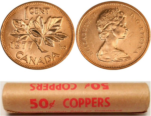 1977  Canadian 1-Cent Maple Leaf Twig Penny Coin Roll  -50 Coins BU