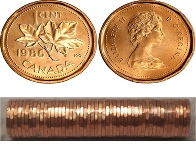 1986 Kanadische 1-Cent Maple Leaf Twig Penny Münzrolle – 50 Münzen BU