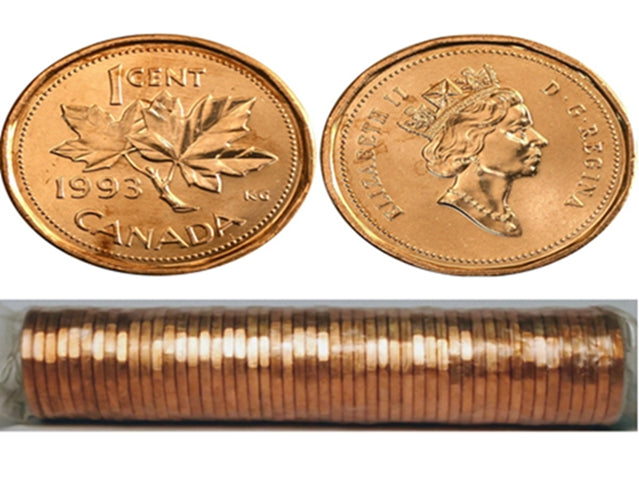 1993 Kanadische 1-Cent Maple Leaf Twig Penny Münzrolle – 50 Münzen BU