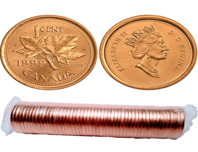 1999  Canadian 1-Cent Maple Leaf Twig Penny Coin Roll  -50 Coins BU