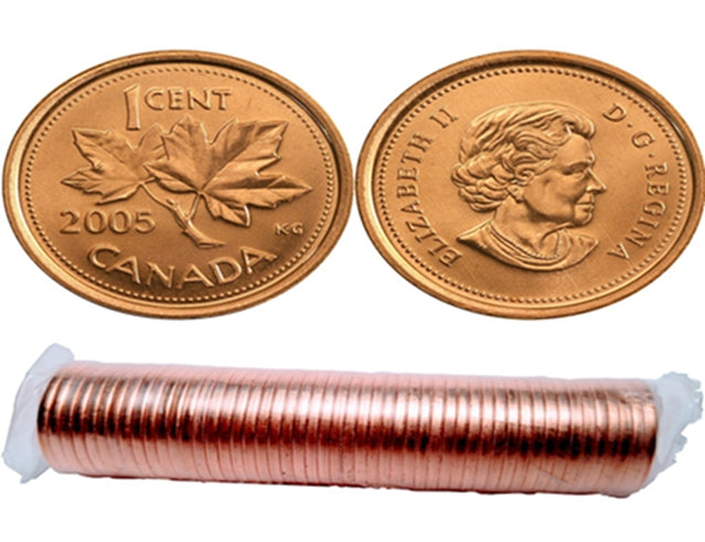 2005  Canadian 1-Cent Maple Leaf Twig Penny Coin Roll No P  -50 Coins BU