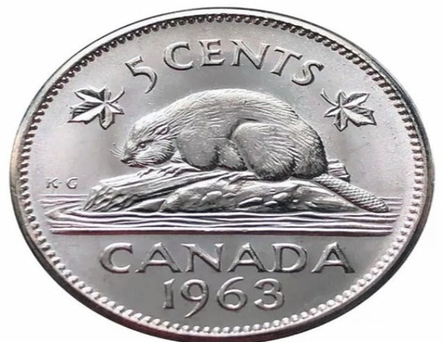 Pièce de 5 cents en nickel canadien de 1963. Canada Five Cents Castor BU