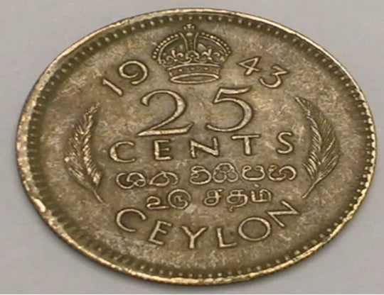 1943 Ceylan Ceylanais 25 Cents George VI Pièce de monnaie de la Seconde Guerre mondiale VF