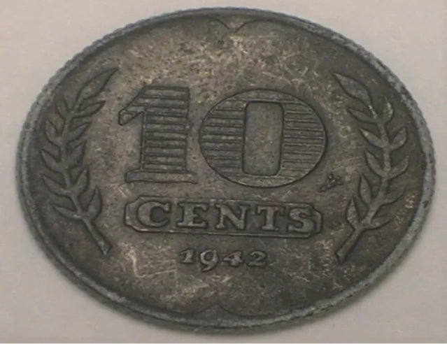 1942 Niederländische 10-Cent-Tulpen-Münze aus der Zeit des Zweiten Weltkriegs