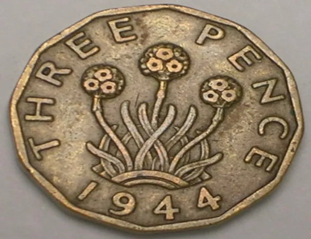 1944 Royaume-Uni Grande-Bretagne British Three 3 Pence WWII Era Plant Coin VF