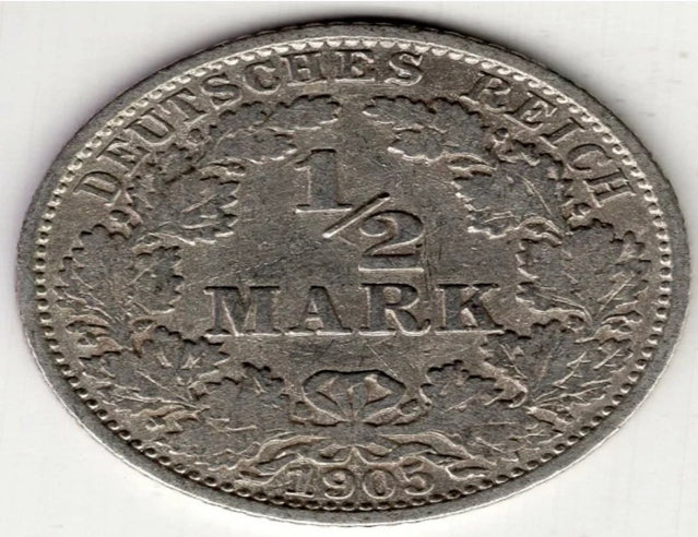 Pièce du monde en argent de 1905, Allemagne, 1/2 demi-mark