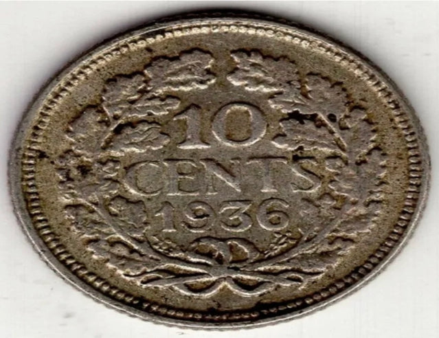 1936 Netherlands ten 10 cents silver world coin