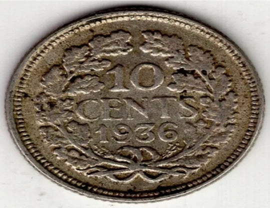 Pièce du monde en argent de dix cents, Pays-Bas, 1936