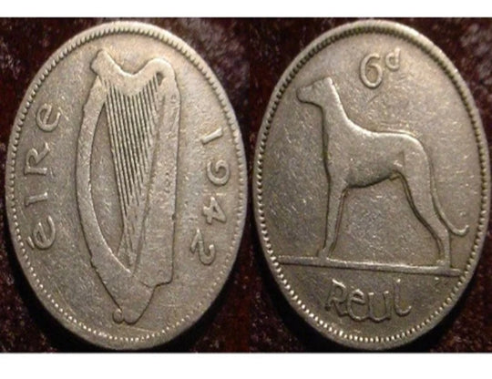 1942 6 pence ireland**wolfhound dog**