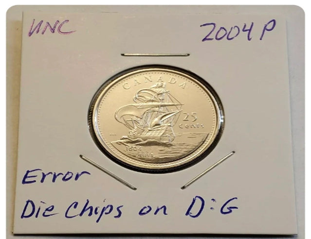 Erreur 2004 P Die Chips sur D:G CANADA 25 Cent Quarter UNC Low Mint