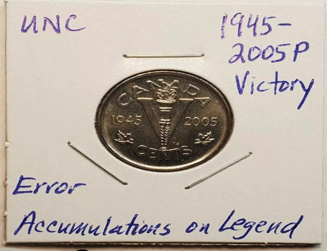 Erreur 1945-2005P VictoryExtra Metal sur Legend 5 Cent Nickel UNC de Roll