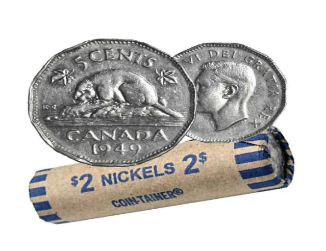 Rouleau de pièces de monnaie canadiennes en nickel castor de 5 cents de 1949 en circulation