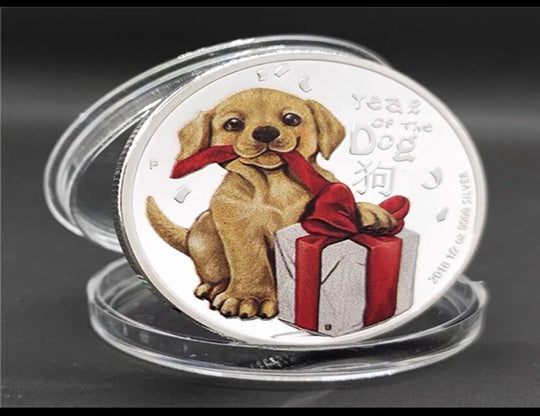 Pièce porte-bonheur - Chien et boîte cadeau - Pièce cadeau artisanale colorée plaquée argent