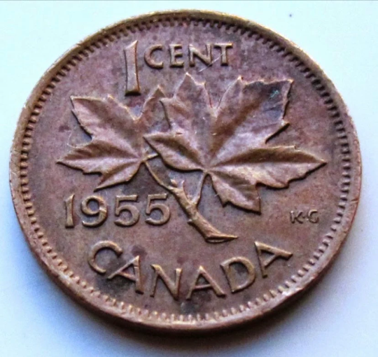 1955 Kanadische 1-Cent Maple Leaf Twig Penny-Umlaufmünze, guter Zustand