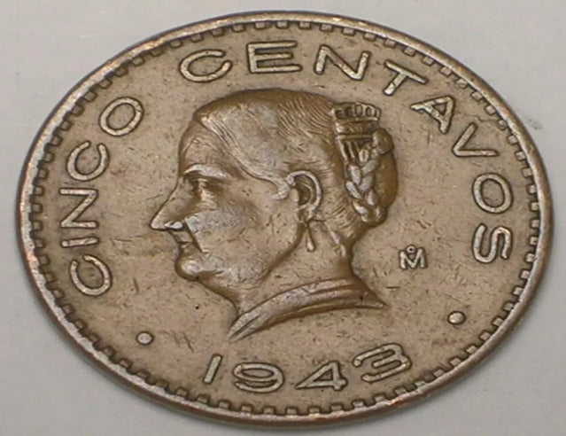 1943 Mexico Mexican 5 Centavos Josepha WWII Era Eagle Snake Coin VF+