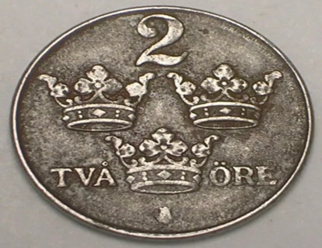 1947 Sweden Swedish 2 Ore Crowned Monogram WWII Era Iron Coin