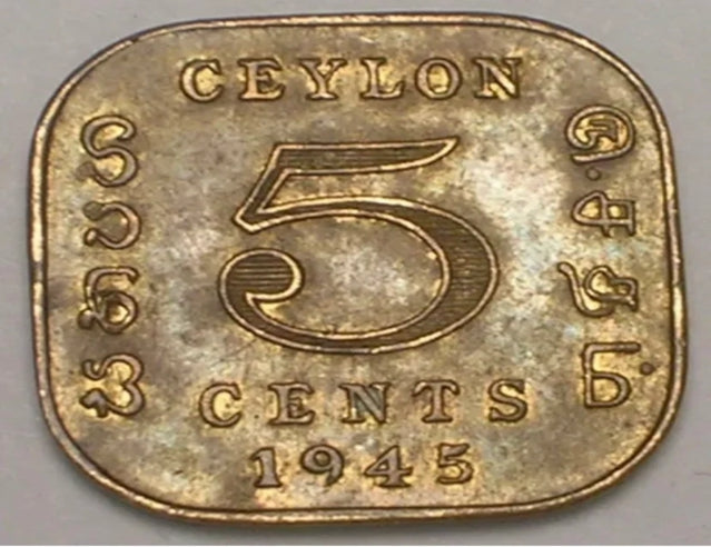 1945 Ceylon Ceylonese 5 Cents King George VI WWII Era Square Coin F+