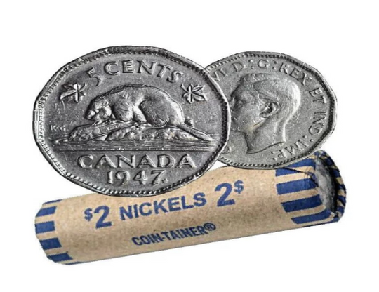 1947 Canadian 5-Cent Beaver Nickel Coin Roll Circulated