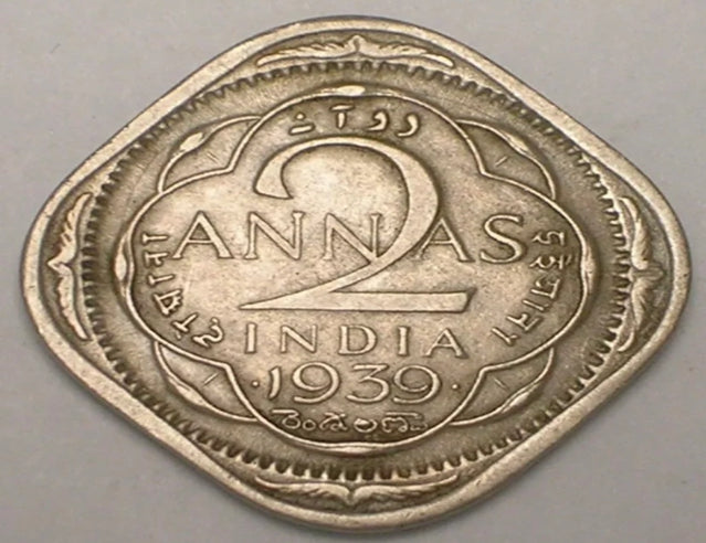 1939 India Indian 2 Annas WWII Era Square Coin VF