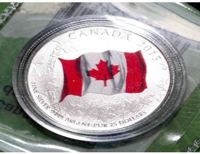 Pièce colorée rare de 25 dollars en argent du Canada 2015, DRAPEAU NATIONAL DU CANADA