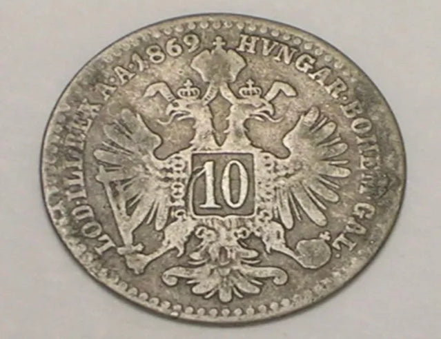 1869 Autriche Autrichien 10 Kruezer Franz Joseph I Eagle Shield Pièce d'argent