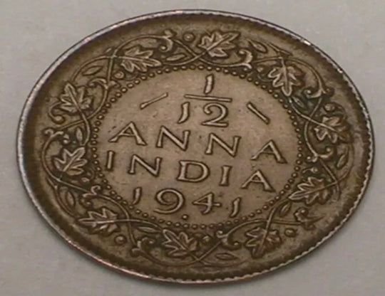 1941 India Indian Twelfth 1/12 Anna WWII Era Münze VF+