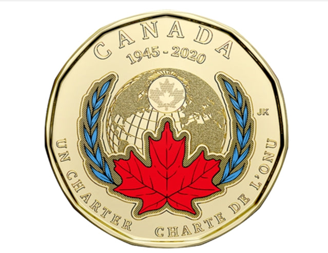 2020 Signature canadienne de la Charte des Nations Unies 75e anniversaire Pièce de monnaie en dollar huard coloré BU