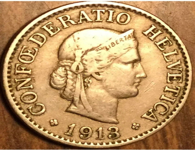 1913 Switzerland confoederatio helvetica 10 rappen coin