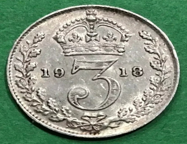 Britisches Vereinigtes Königreich 1918 King George V Threepence-Münze, 92,5 % Silber, hohe Qualität