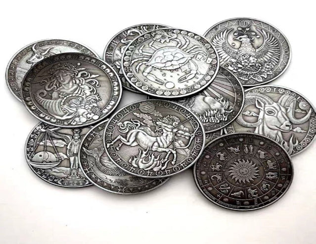 Glücksmünze – 12 Sternbilder, Kupfer-Nickel, Bastel-Geschenkmünze, versilbert. Schöne Münze