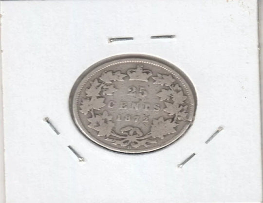 1872-H Canada 25 Cents Silver Coin - Small 2 - Good Condition