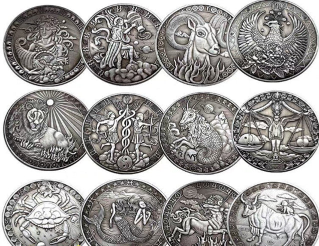 Glücksmünze – 12 Sternbilder, Kupfer-Nickel, Bastel-Geschenkmünze, versilbert. Schöne Münze