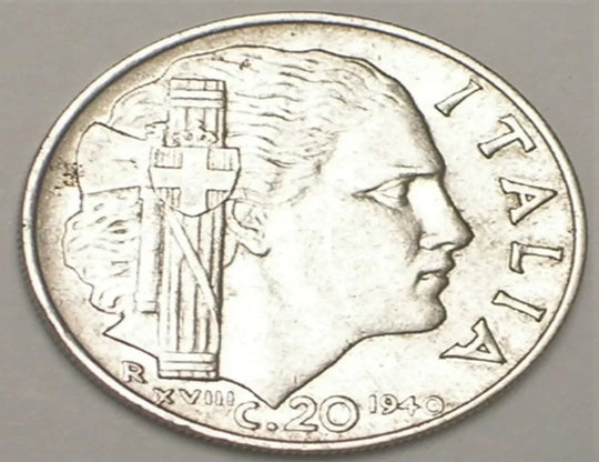 1940 Italy Italian 20 Centesimi Two Headed WWII Era Coin VF