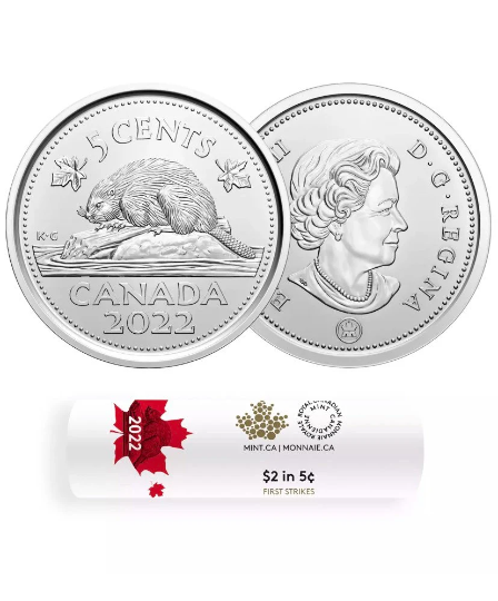 Pièce de 5 cents Canada 2022 *First Strike* non circulée provenant d'un rouleau d'emballage spécial