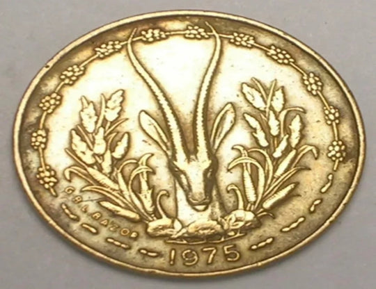 1975 West African States 5 Francs Gazelle Mask Coin VF