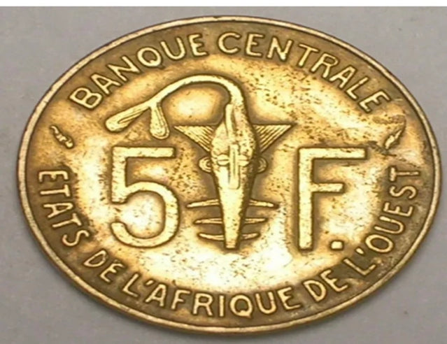 1975 West African States 5 Francs Gazelle Mask Coin VF