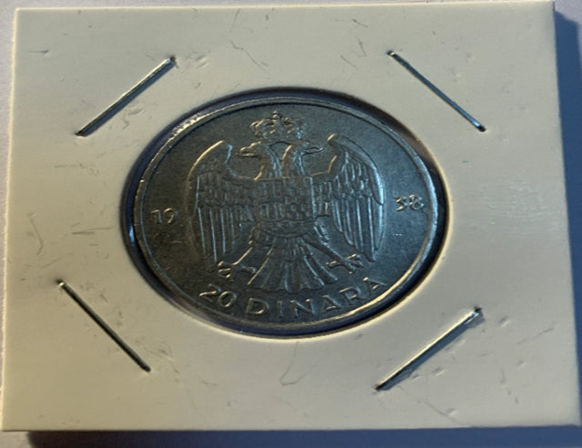 1938 Yougoslavie vingt 20 dinars pièce d'argent du monde de haute qualité