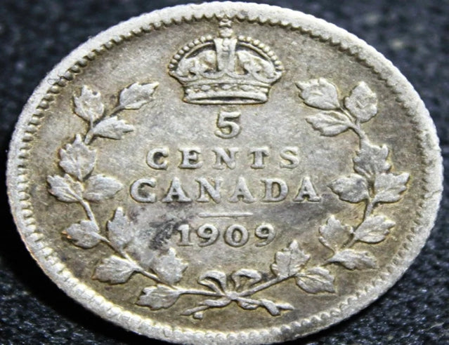 1909 Canadian Silver 5 Cents Edward VII Round Leaf Plain Cross