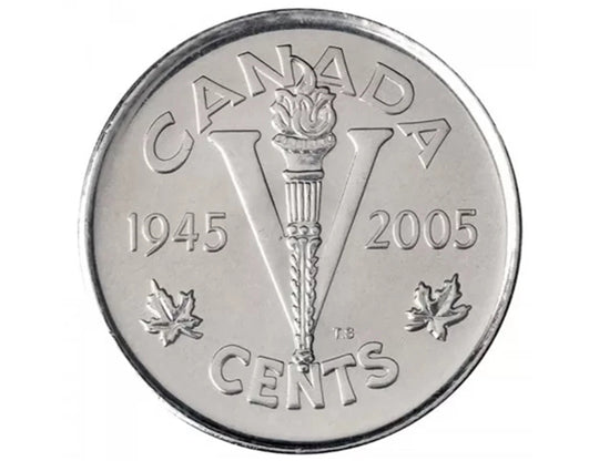 2005-P (1945-) Pièce de monnaie canadienne en nickel de 5 cents de la Victoire du 60e anniversaire du jour de la Victoire en Europe