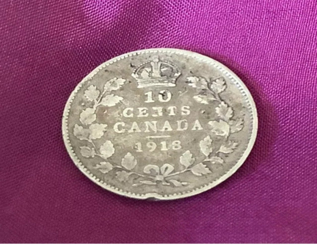 1918 Canadian Silver 10 Cent Coin .925 Silver King George V