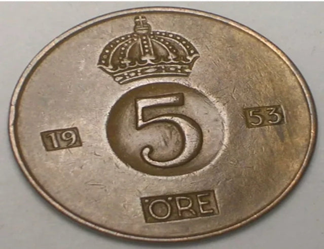 1953 Sweden Swedish 5 Ore Crown Coin VF+