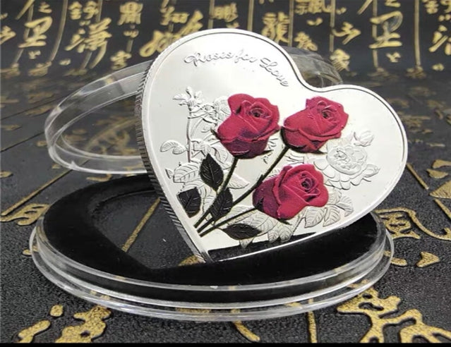 Lucky Coin - Heart Shaped Rose Craft Gift Coin Colored