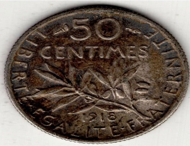 1918 France fifty 50 centimes silver world coin