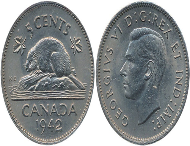 Pièce canadienne de 5 cents en nickel castor de 1942 (circulée) VF