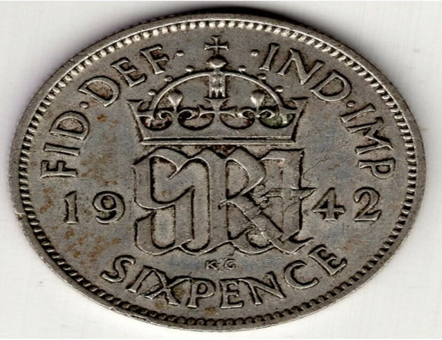 1942 Great Britain six 6 pence george vi silver world coin